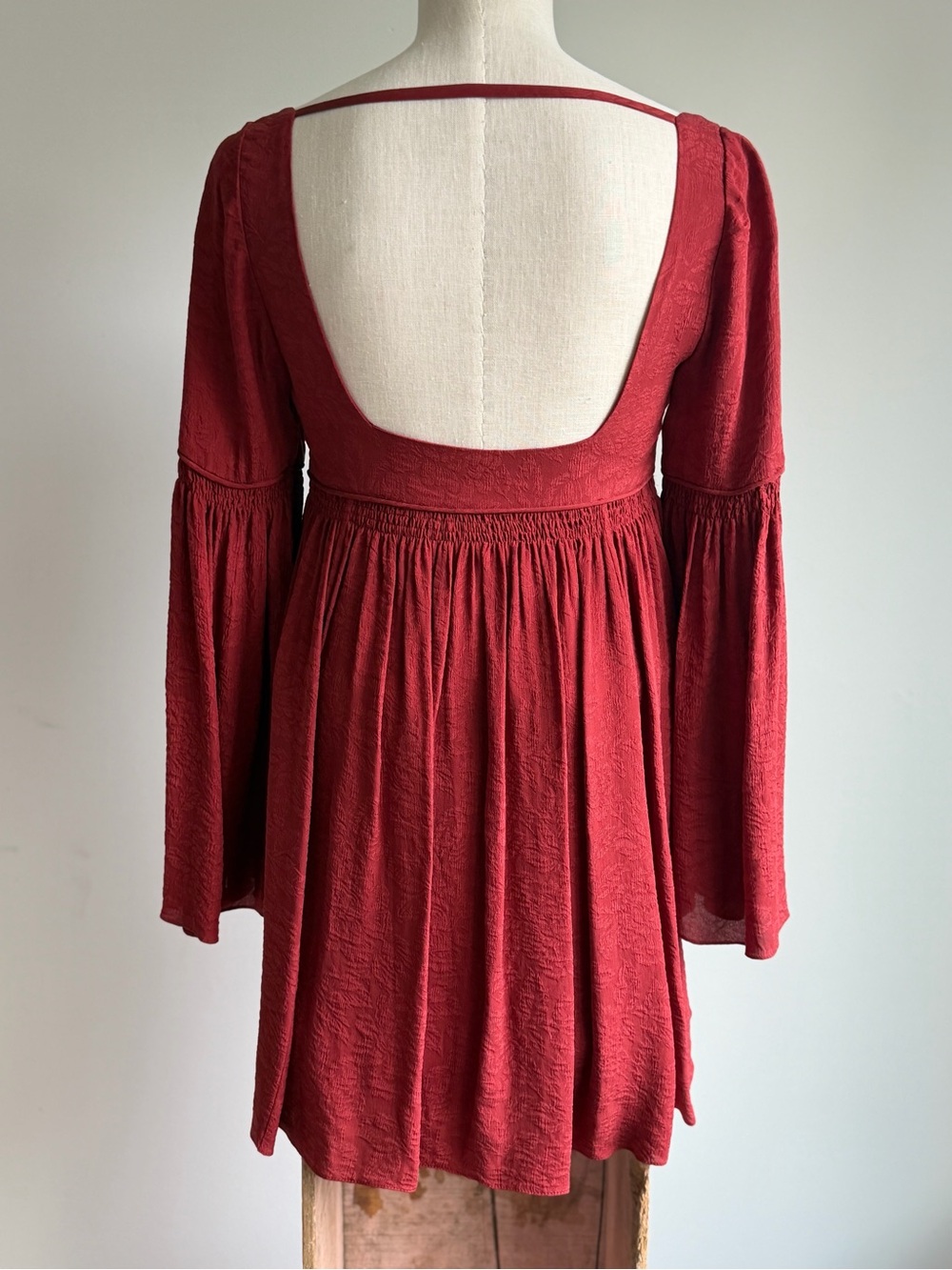 Free People Rust Deep Burgundy Red Square-Neck Long Sleeve Babydoll Dress - Picture 6 of 8